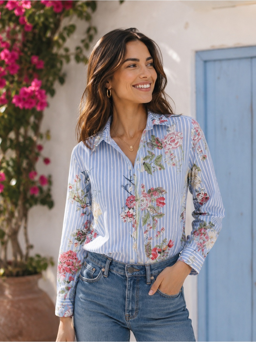 Chico’s Blue White Striped Floral Button Down Tunic Shirt Size 0 (US 4/6)